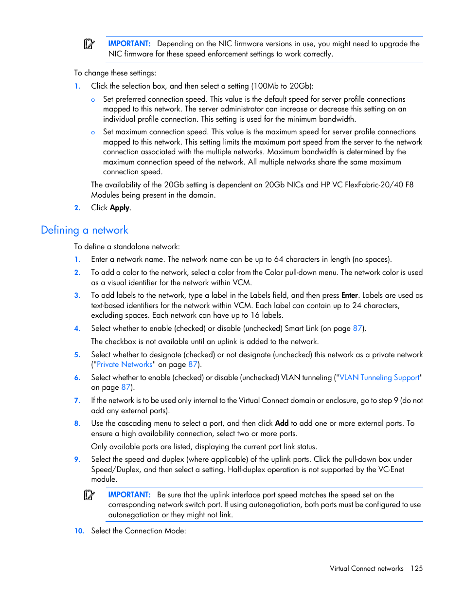 Defining a network | HP Virtual Connect 8Gb 20-port Fibre Channel Module for c-Class BladeSystem User Manual | Page 125 / 317