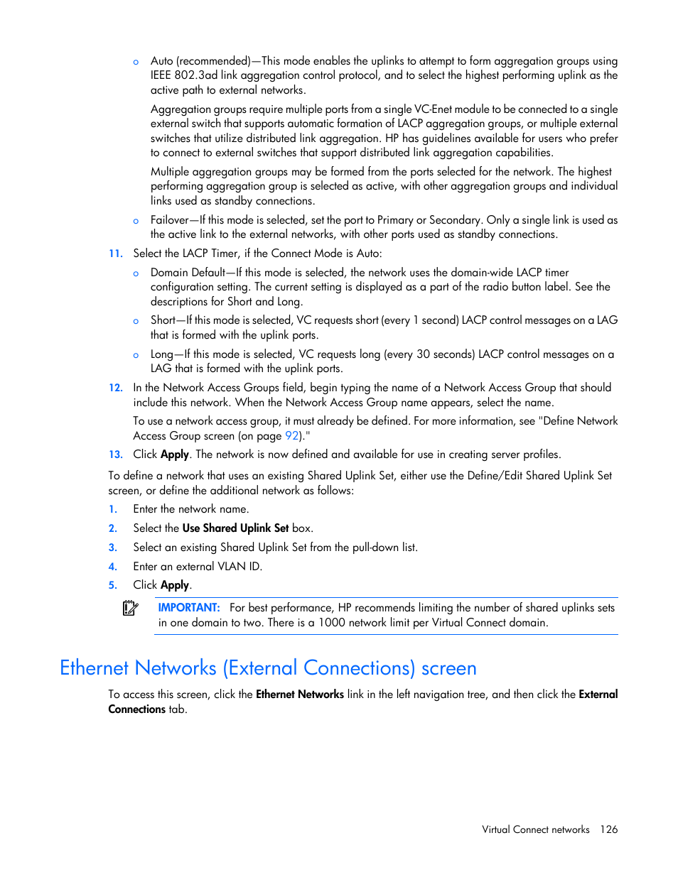 Ethernet networks (external connections) screen | HP Virtual Connect 8Gb 20-port Fibre Channel Module for c-Class BladeSystem User Manual | Page 126 / 317