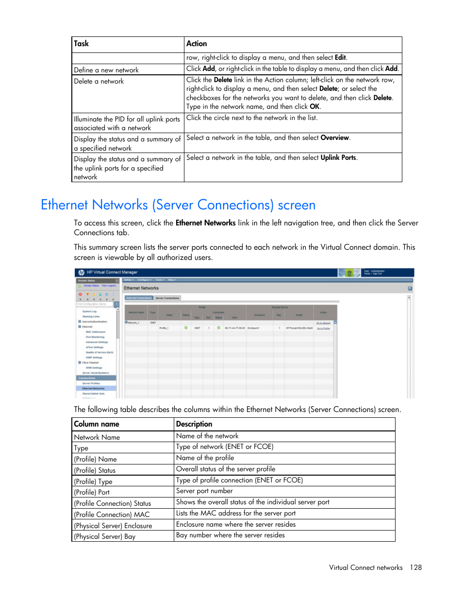 Ethernet networks (server connections) screen | HP Virtual Connect 8Gb 20-port Fibre Channel Module for c-Class BladeSystem User Manual | Page 128 / 317