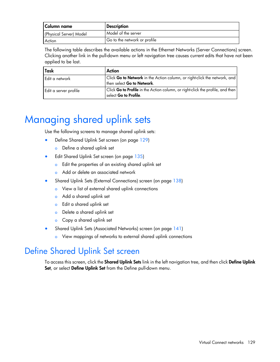 Managing shared uplink sets, Define shared uplink set screen | HP Virtual Connect 8Gb 20-port Fibre Channel Module for c-Class BladeSystem User Manual | Page 129 / 317