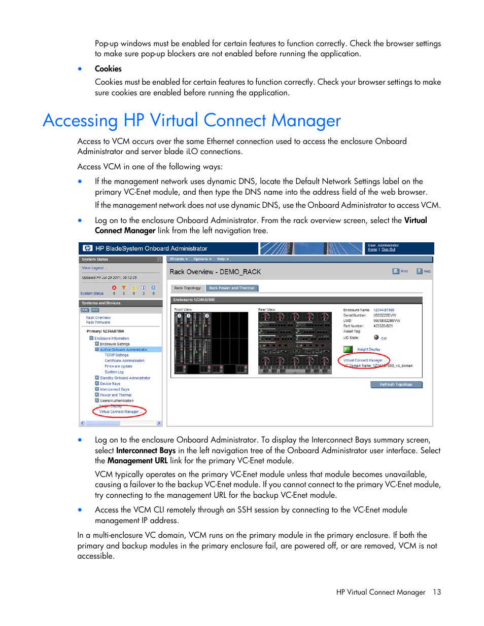 Accessing hp virtual connect manager | HP Virtual Connect 8Gb 20-port Fibre Channel Module for c-Class BladeSystem User Manual | Page 13 / 317