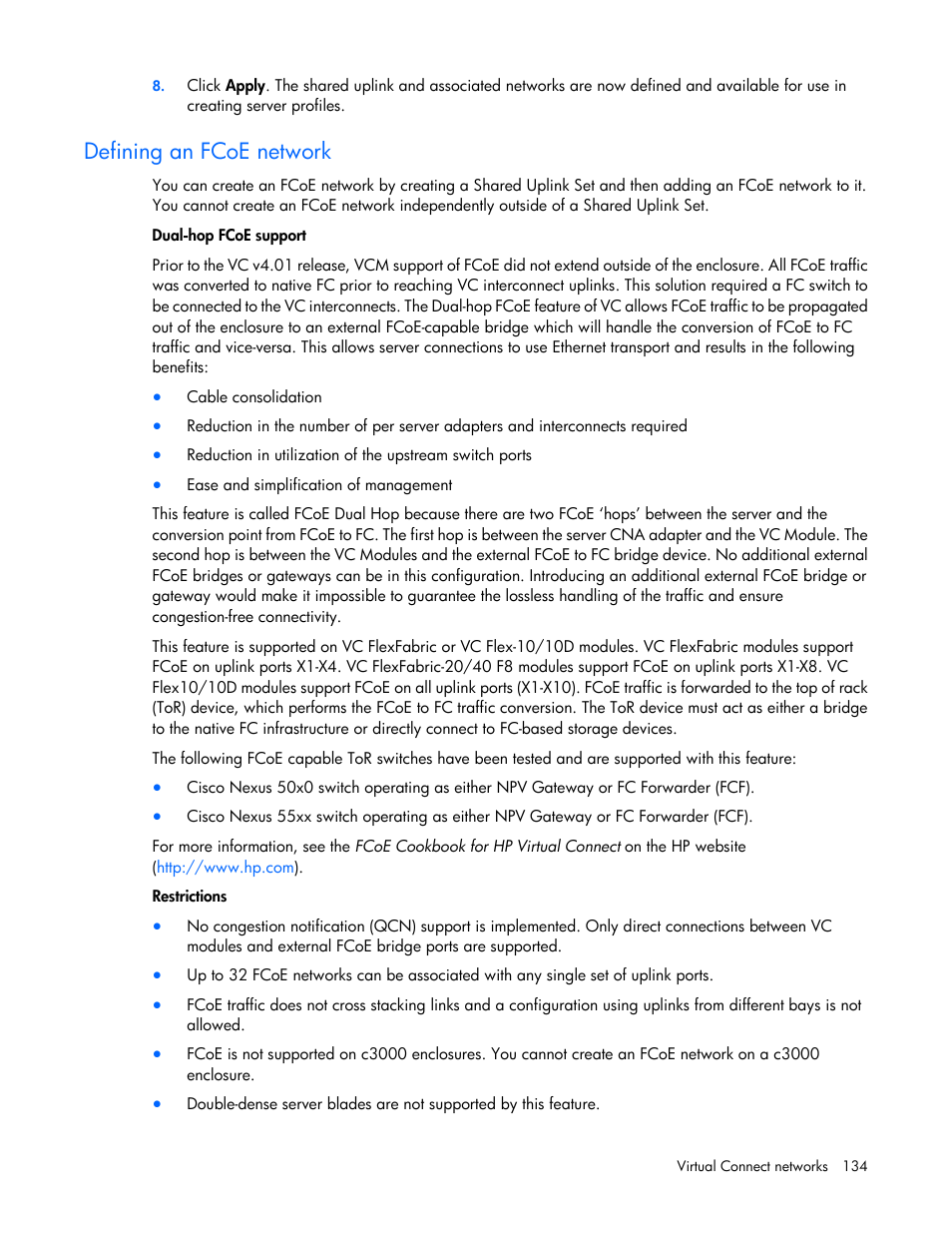 Defining an fcoe network | HP Virtual Connect 8Gb 20-port Fibre Channel Module for c-Class BladeSystem User Manual | Page 134 / 317