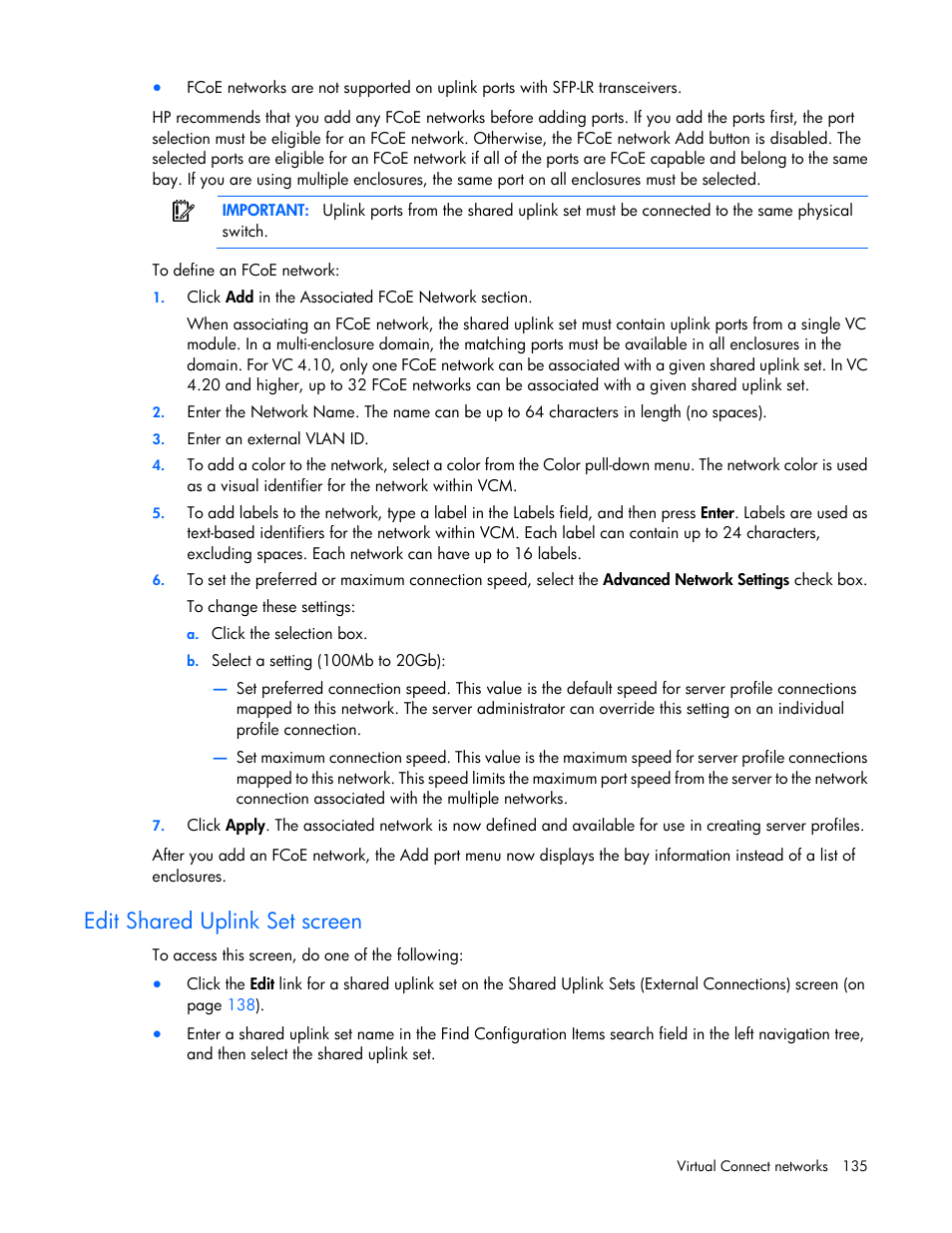 Edit shared uplink set screen | HP Virtual Connect 8Gb 20-port Fibre Channel Module for c-Class BladeSystem User Manual | Page 135 / 317