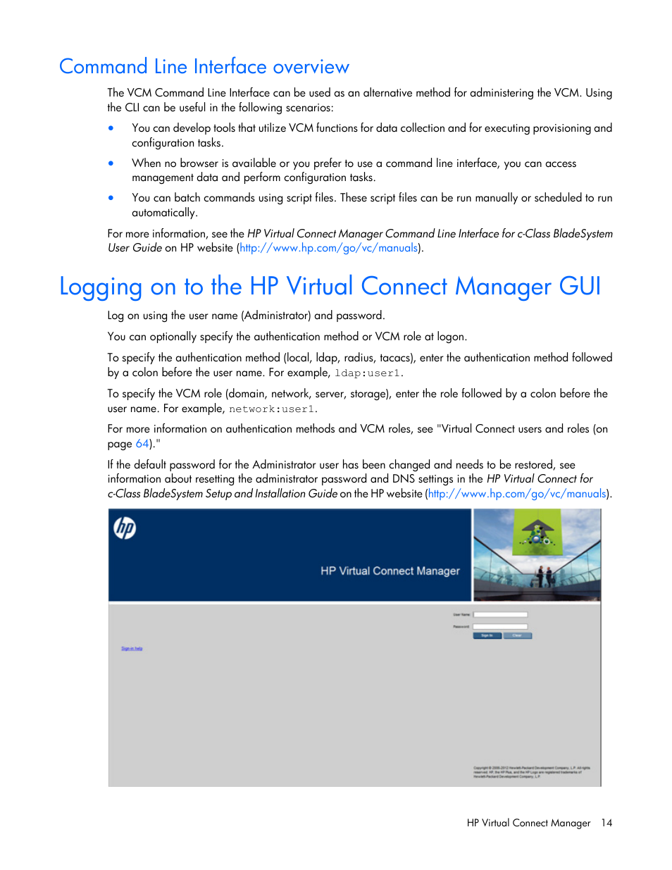 Command line interface overview, Logging on to the hp virtual connect manager gui | HP Virtual Connect 8Gb 20-port Fibre Channel Module for c-Class BladeSystem User Manual | Page 14 / 317