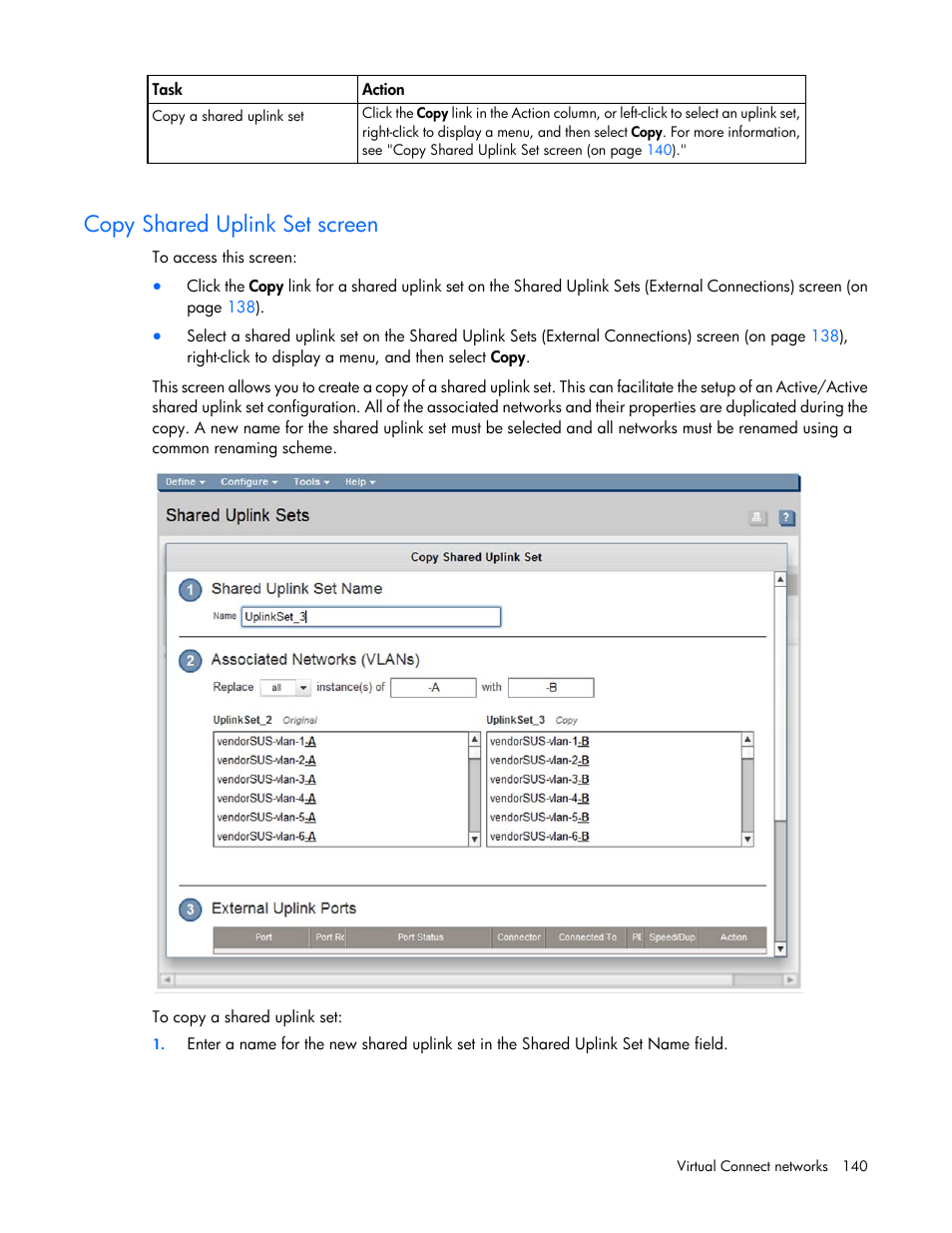 Copy shared uplink set screen | HP Virtual Connect 8Gb 20-port Fibre Channel Module for c-Class BladeSystem User Manual | Page 140 / 317