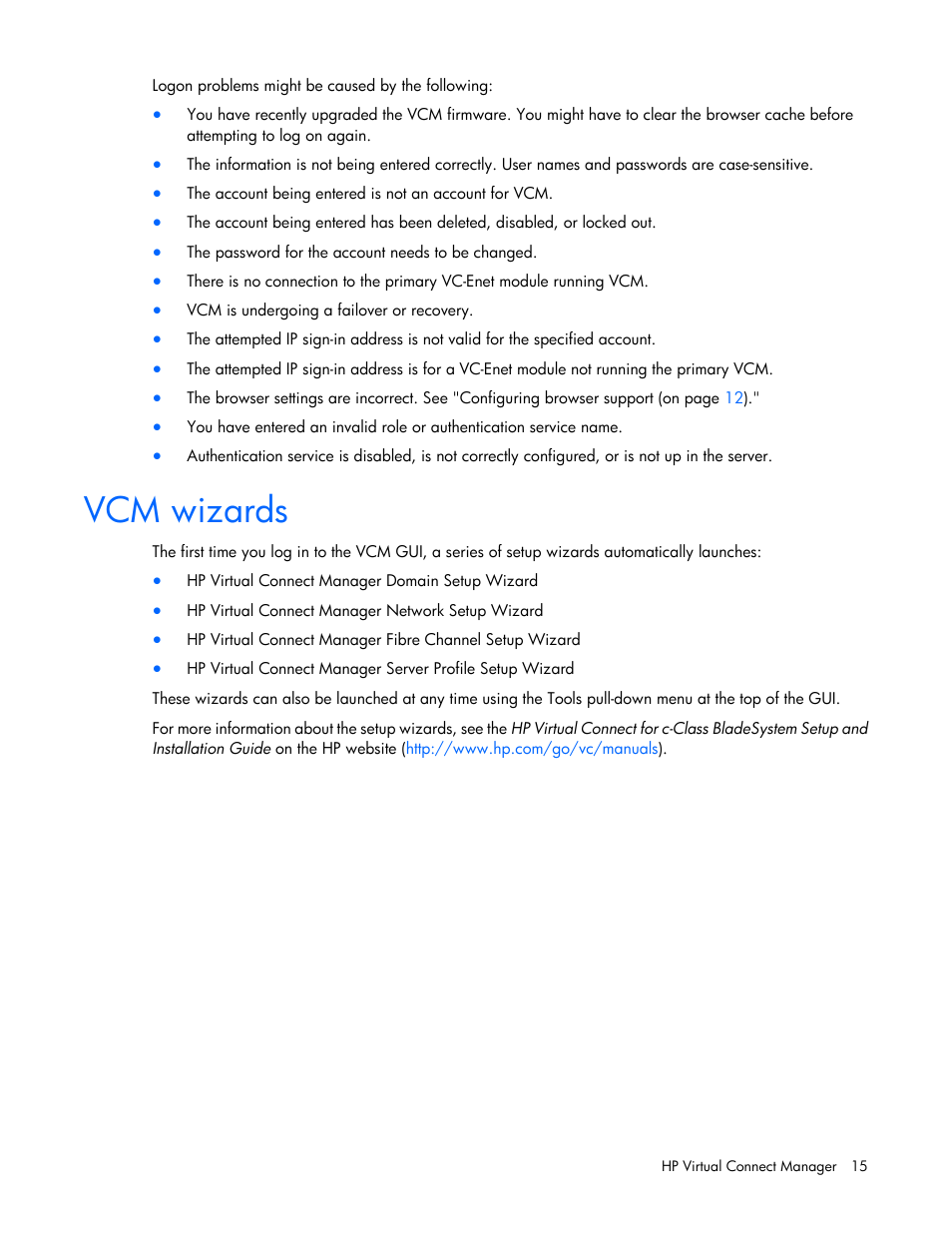 Vcm wizards | HP Virtual Connect 8Gb 20-port Fibre Channel Module for c-Class BladeSystem User Manual | Page 15 / 317