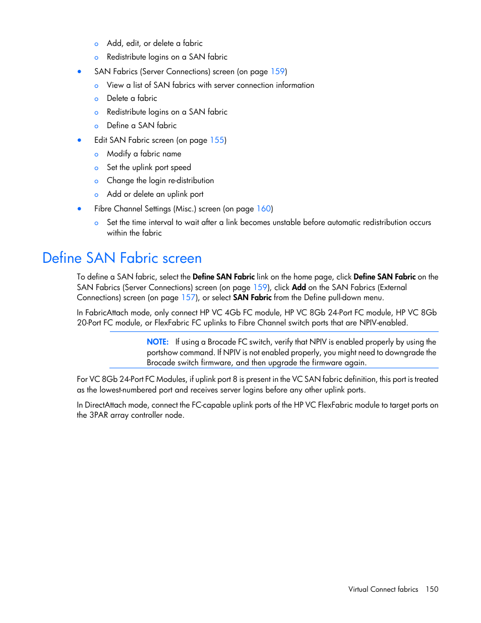 Define san fabric screen | HP Virtual Connect 8Gb 20-port Fibre Channel Module for c-Class BladeSystem User Manual | Page 150 / 317