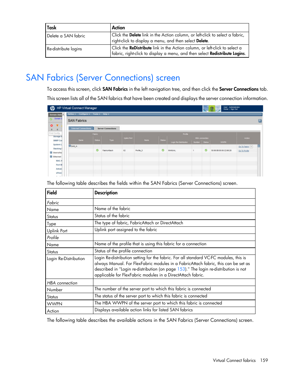 San fabrics (server connections) screen | HP Virtual Connect 8Gb 20-port Fibre Channel Module for c-Class BladeSystem User Manual | Page 159 / 317