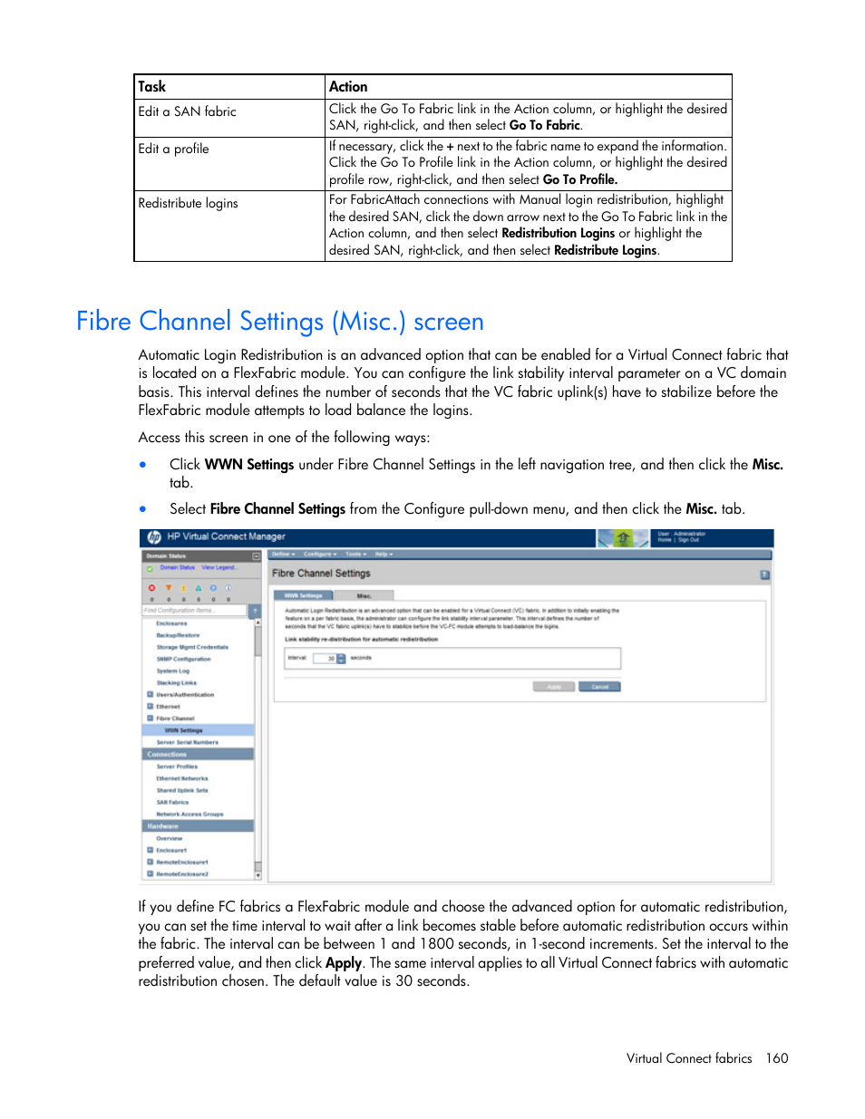 Fibre channel settings (misc.) screen | HP Virtual Connect 8Gb 20-port Fibre Channel Module for c-Class BladeSystem User Manual | Page 160 / 317