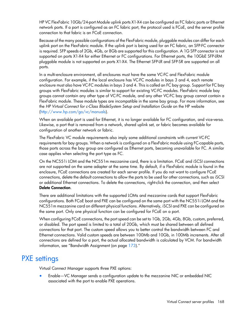 Pxe settings | HP Virtual Connect 8Gb 20-port Fibre Channel Module for c-Class BladeSystem User Manual | Page 168 / 317