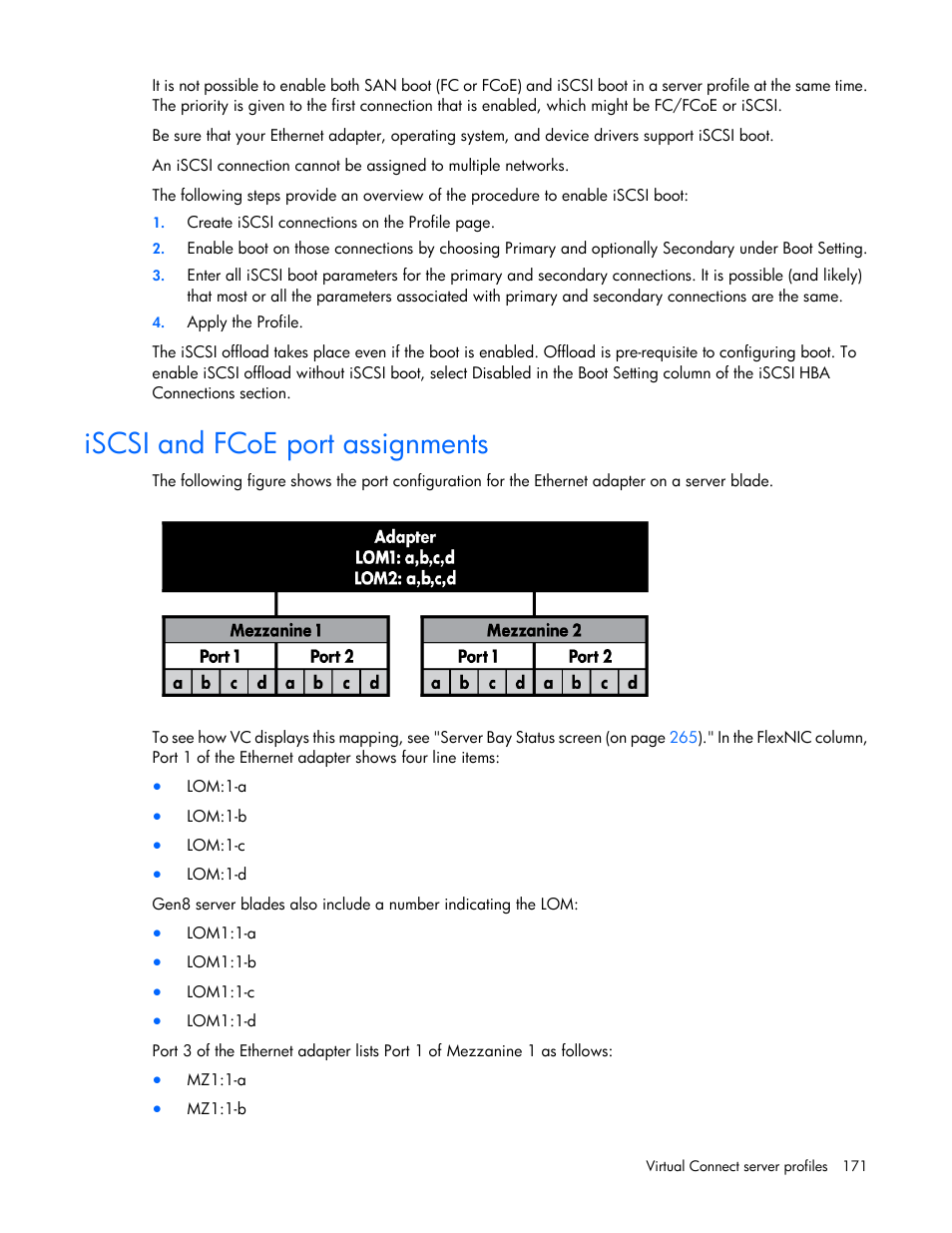 Iscsi and fcoe port assignments | HP Virtual Connect 8Gb 20-port Fibre Channel Module for c-Class BladeSystem User Manual | Page 171 / 317