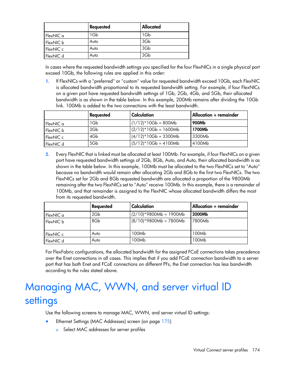 Managing mac, wwn, and server virtual id settings | HP Virtual Connect 8Gb 20-port Fibre Channel Module for c-Class BladeSystem User Manual | Page 174 / 317