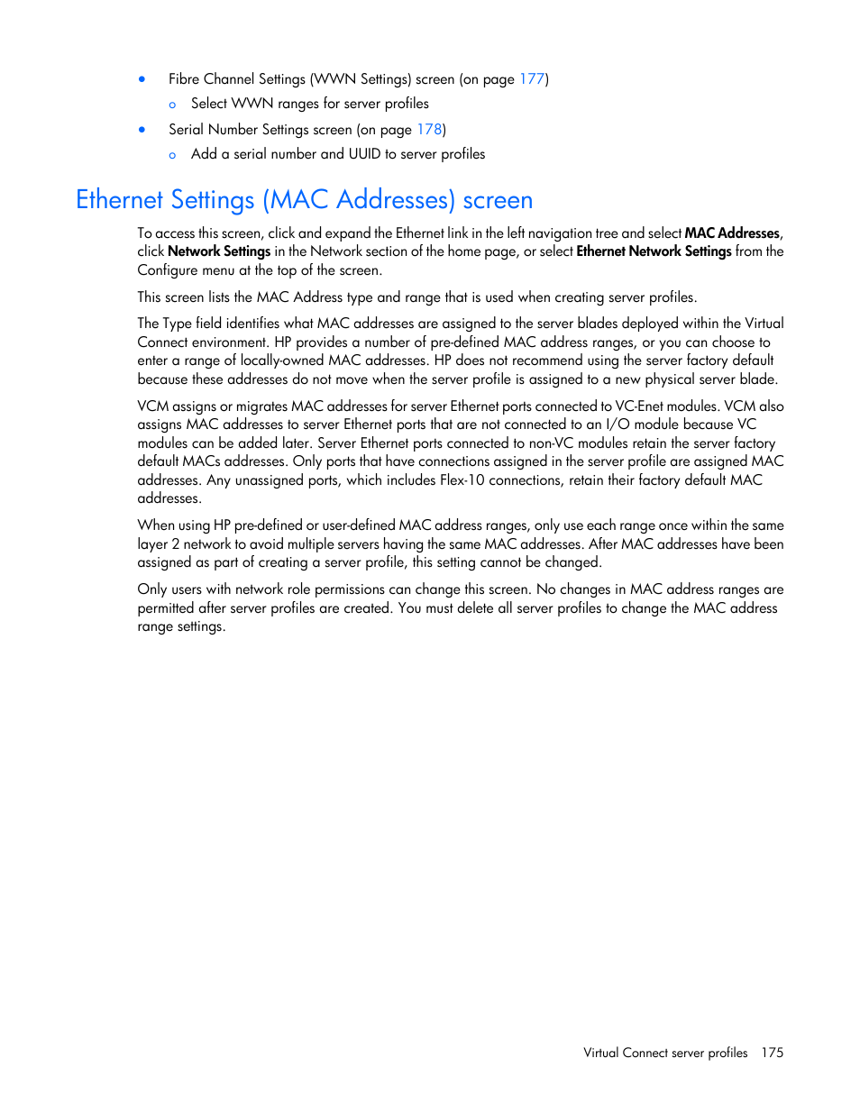 Ethernet settings (mac addresses) screen | HP Virtual Connect 8Gb 20-port Fibre Channel Module for c-Class BladeSystem User Manual | Page 175 / 317