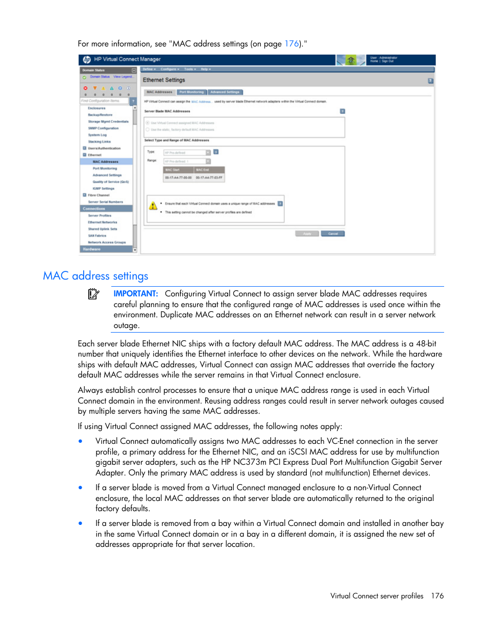 Mac address settings | HP Virtual Connect 8Gb 20-port Fibre Channel Module for c-Class BladeSystem User Manual | Page 176 / 317