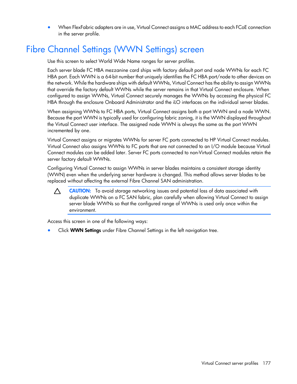 Fibre channel settings (wwn settings) screen | HP Virtual Connect 8Gb 20-port Fibre Channel Module for c-Class BladeSystem User Manual | Page 177 / 317