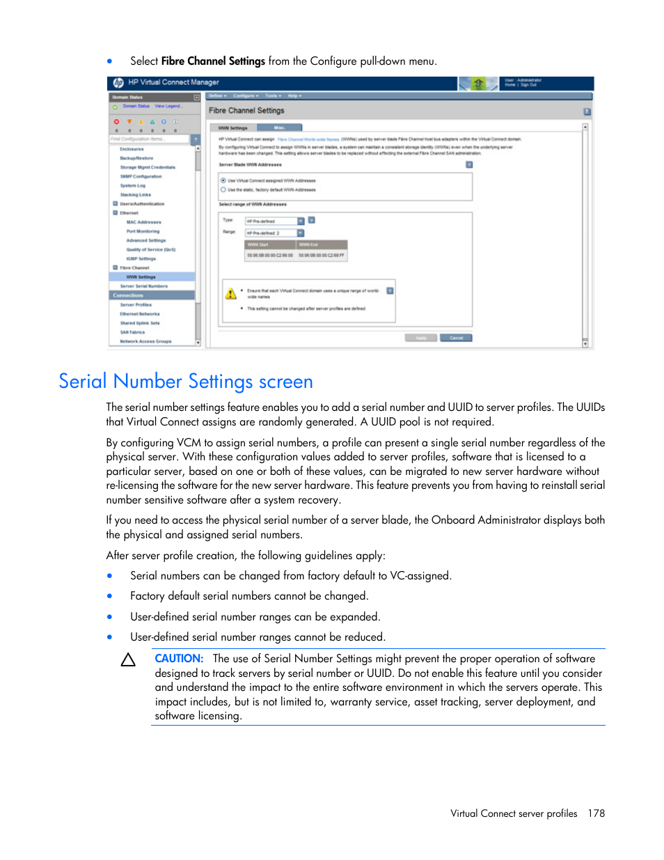 Serial number settings screen | HP Virtual Connect 8Gb 20-port Fibre Channel Module for c-Class BladeSystem User Manual | Page 178 / 317