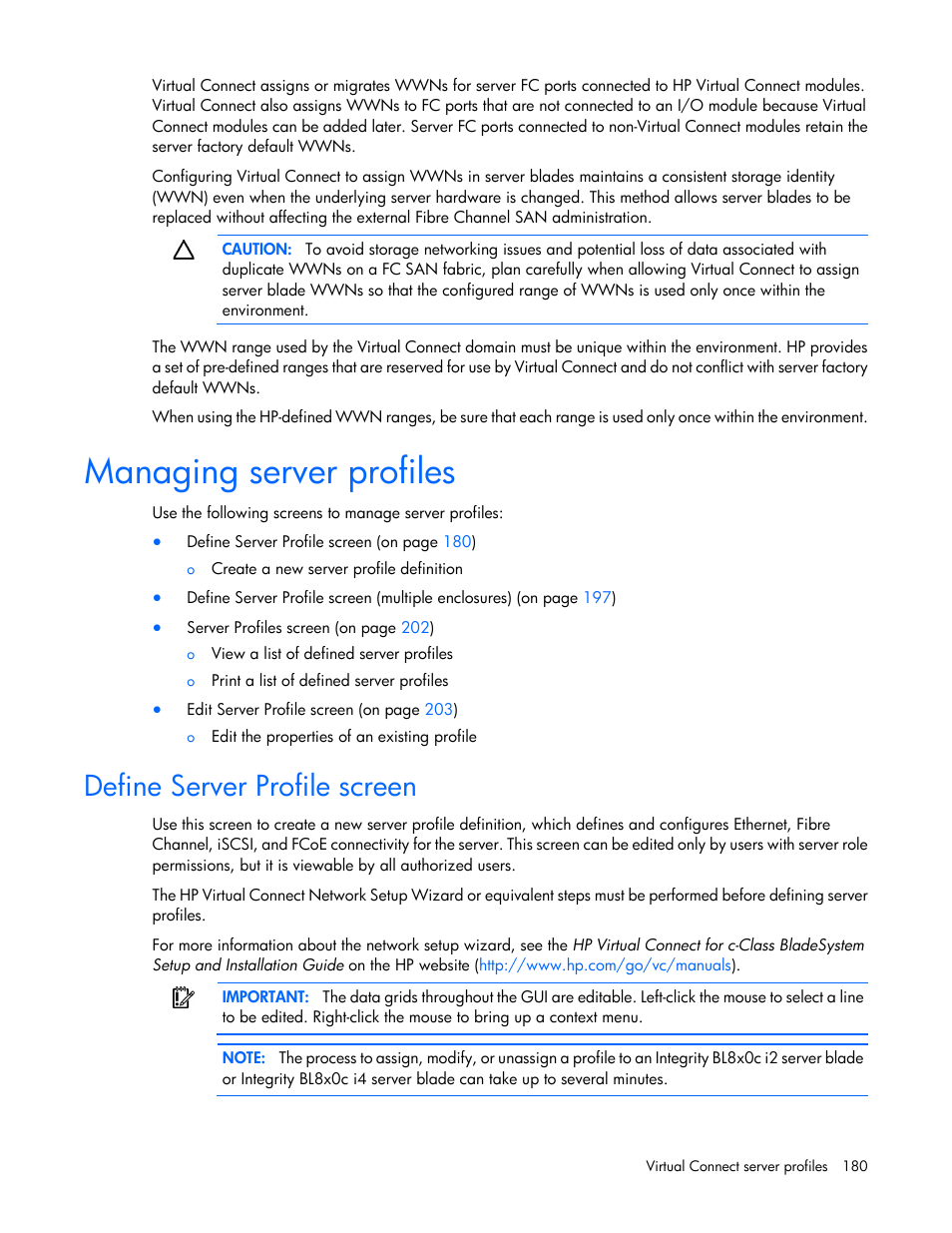 Managing server profiles, Define server profile screen | HP Virtual Connect 8Gb 20-port Fibre Channel Module for c-Class BladeSystem User Manual | Page 180 / 317