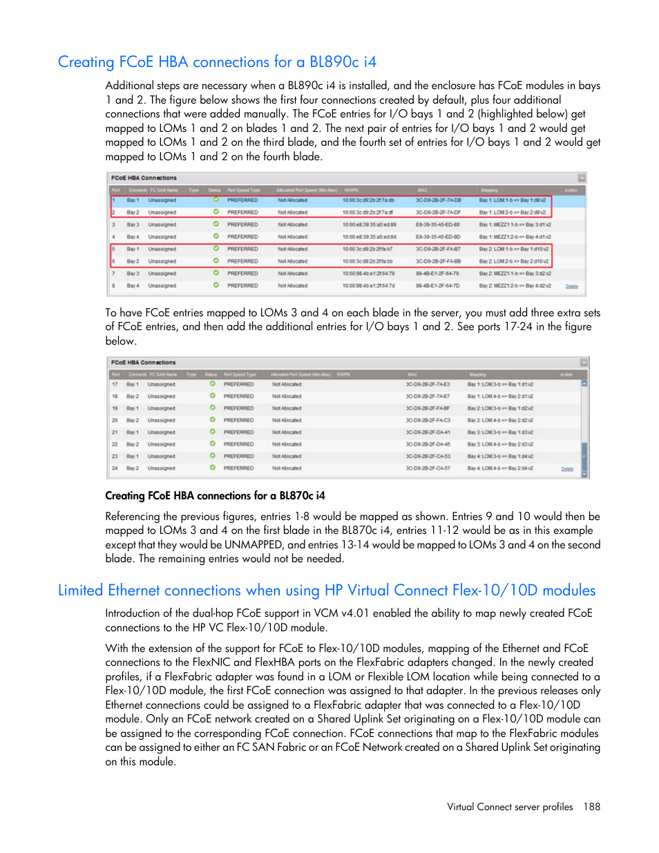 Creating fcoe hba connections for a bl890c i4 | HP Virtual Connect 8Gb 20-port Fibre Channel Module for c-Class BladeSystem User Manual | Page 188 / 317