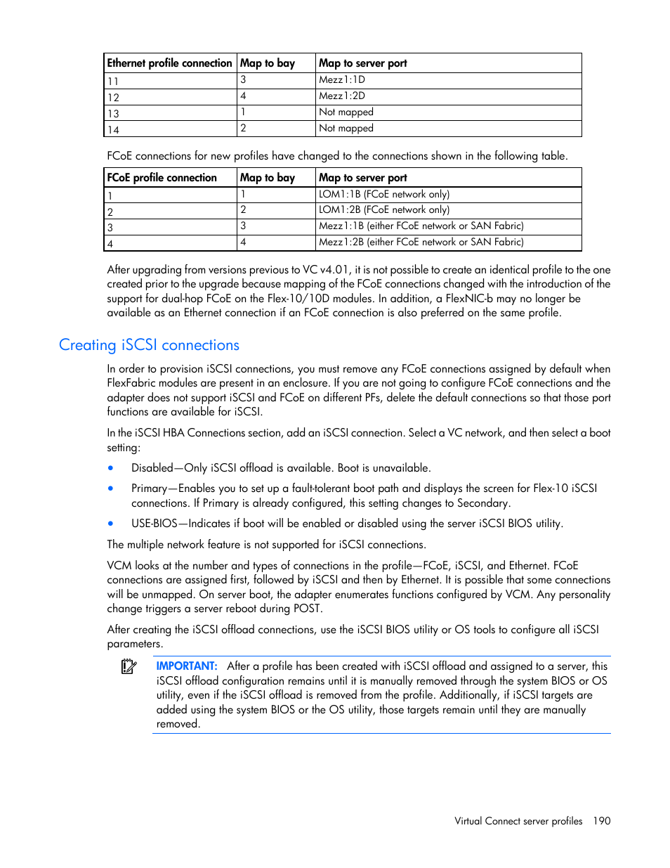 Creating iscsi connections | HP Virtual Connect 8Gb 20-port Fibre Channel Module for c-Class BladeSystem User Manual | Page 190 / 317