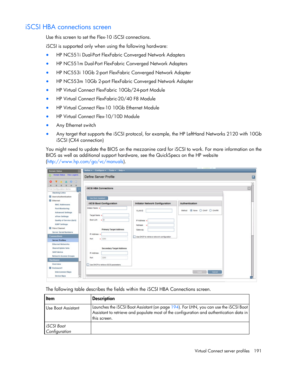 Iscsi hba connections screen | HP Virtual Connect 8Gb 20-port Fibre Channel Module for c-Class BladeSystem User Manual | Page 191 / 317