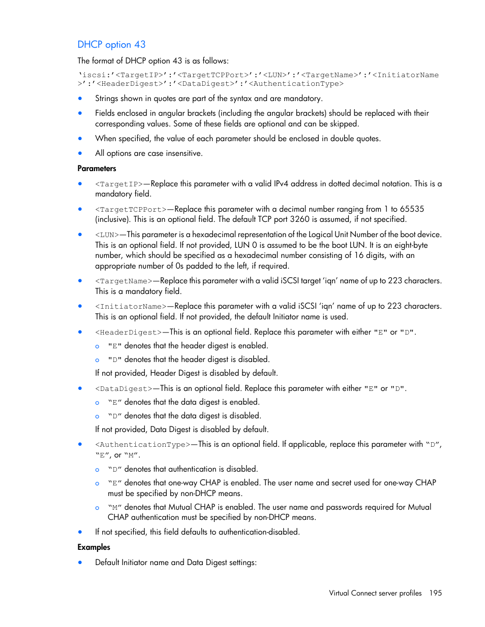 Dhcp option 43 | HP Virtual Connect 8Gb 20-port Fibre Channel Module for c-Class BladeSystem User Manual | Page 195 / 317