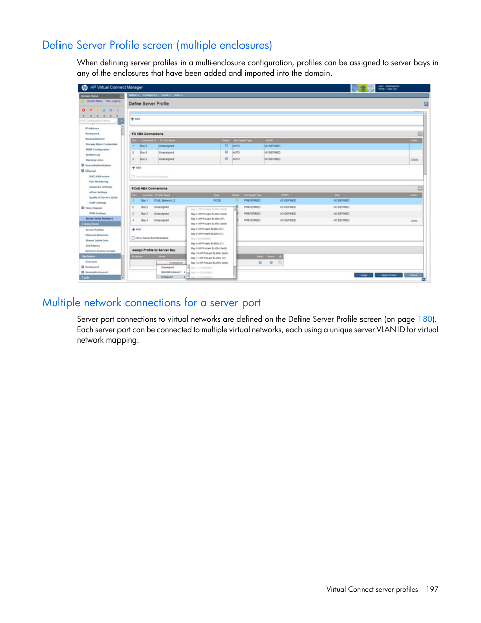 Define server profile screen (multiple enclosures), Multiple network connections for a server port | HP Virtual Connect 8Gb 20-port Fibre Channel Module for c-Class BladeSystem User Manual | Page 197 / 317