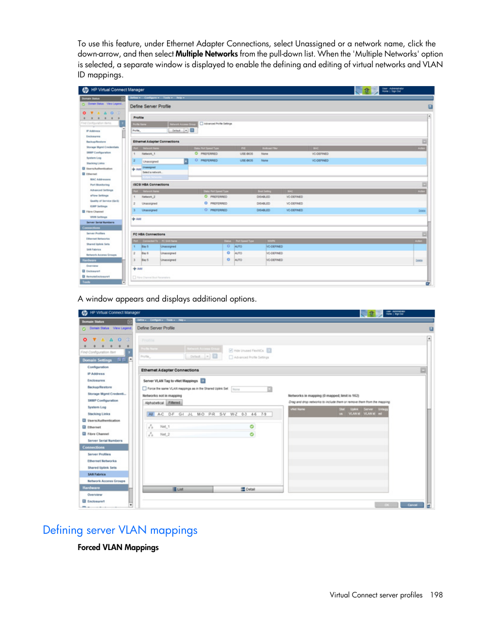 Defining server vlan mappings | HP Virtual Connect 8Gb 20-port Fibre Channel Module for c-Class BladeSystem User Manual | Page 198 / 317