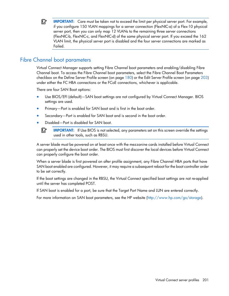 Fibre channel boot parameters | HP Virtual Connect 8Gb 20-port Fibre Channel Module for c-Class BladeSystem User Manual | Page 201 / 317