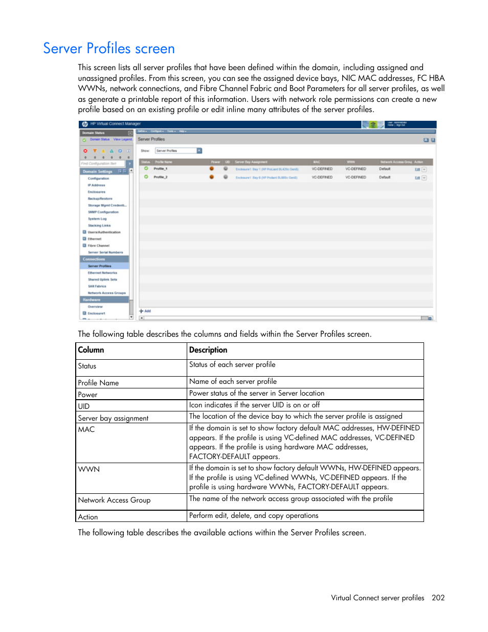 Server profiles screen | HP Virtual Connect 8Gb 20-port Fibre Channel Module for c-Class BladeSystem User Manual | Page 202 / 317