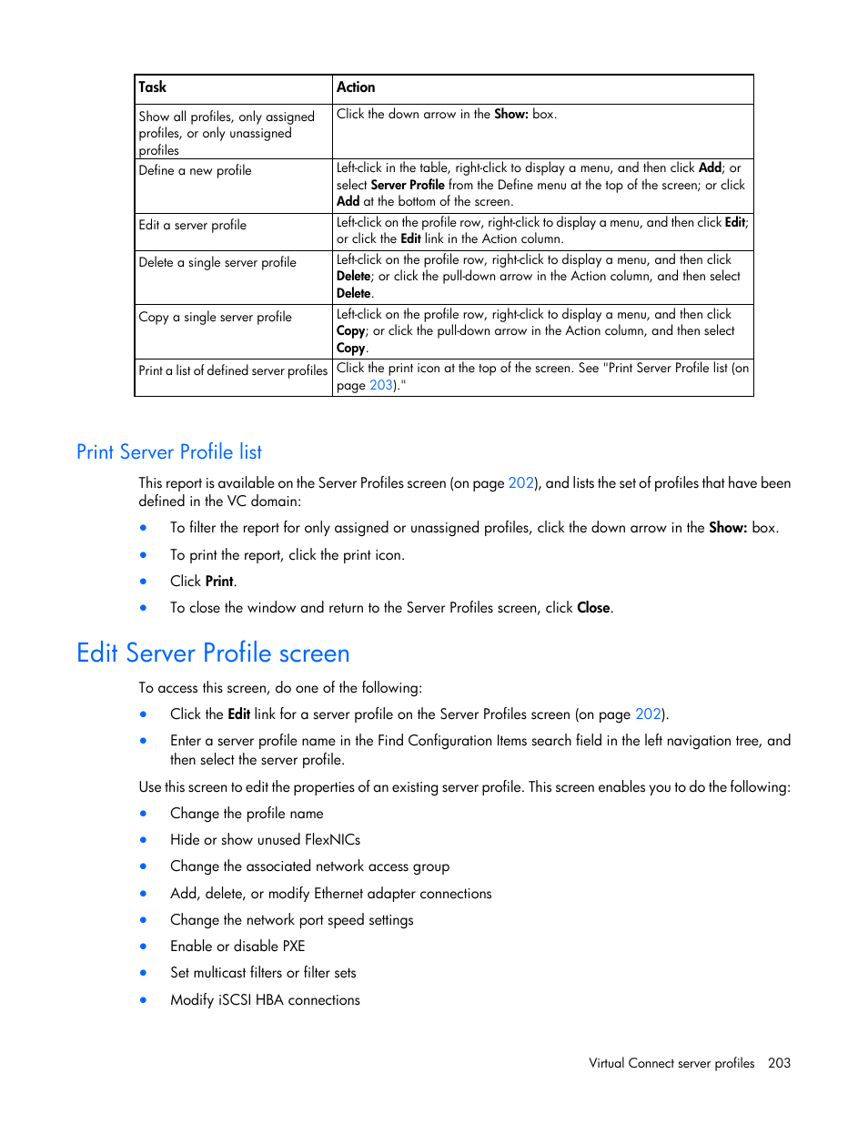 Print server profile list, Edit server profile screen | HP Virtual Connect 8Gb 20-port Fibre Channel Module for c-Class BladeSystem User Manual | Page 203 / 317