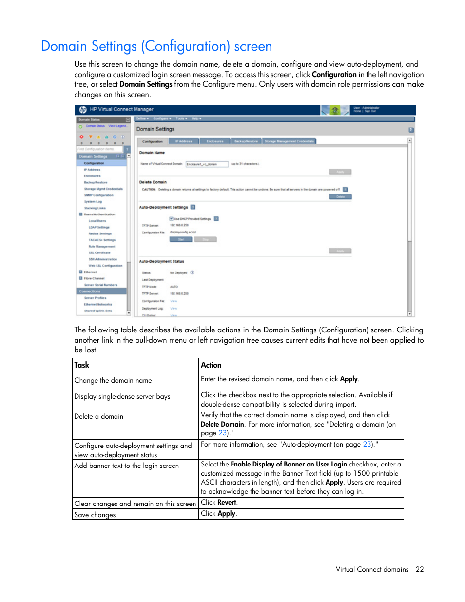 Domain settings (configuration) screen | HP Virtual Connect 8Gb 20-port Fibre Channel Module for c-Class BladeSystem User Manual | Page 22 / 317