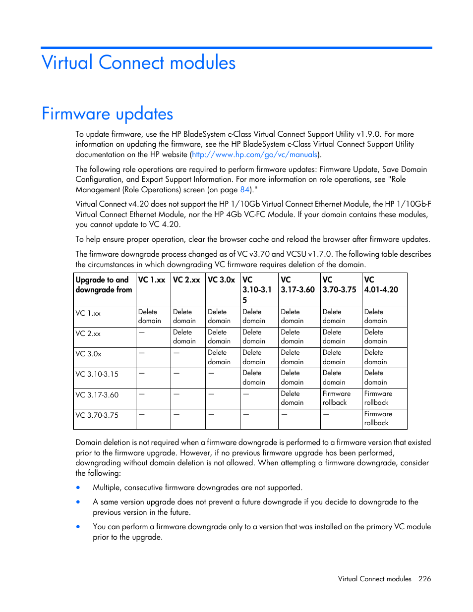 Virtual connect modules, Firmware updates | HP Virtual Connect 8Gb 20-port Fibre Channel Module for c-Class BladeSystem User Manual | Page 226 / 317