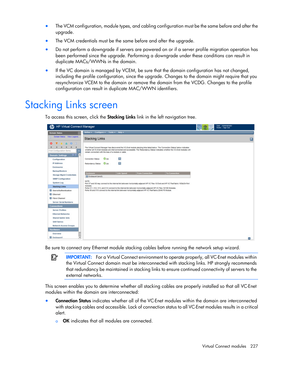 Stacking links screen | HP Virtual Connect 8Gb 20-port Fibre Channel Module for c-Class BladeSystem User Manual | Page 227 / 317