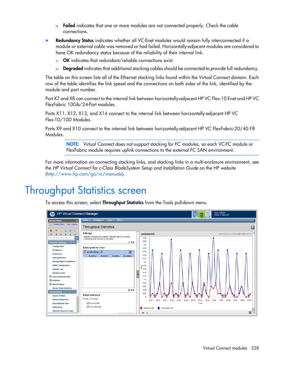 Throughput statistics screen | HP Virtual Connect 8Gb 20-port Fibre Channel Module for c-Class BladeSystem User Manual | Page 228 / 317