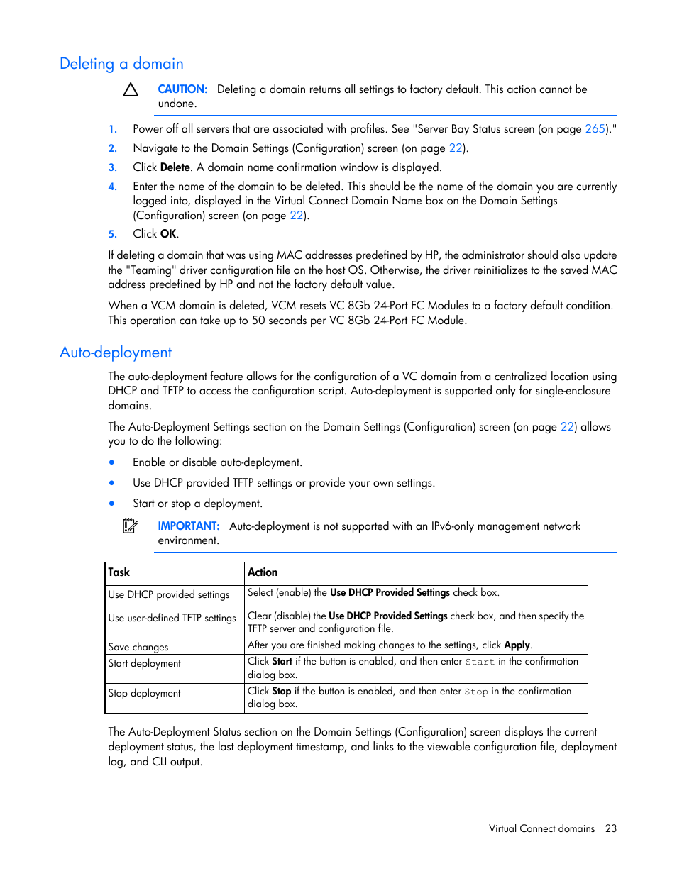 Deleting a domain, Auto-deployment | HP Virtual Connect 8Gb 20-port Fibre Channel Module for c-Class BladeSystem User Manual | Page 23 / 317