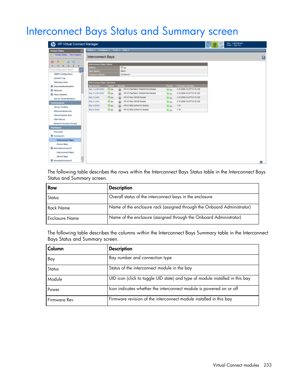 Interconnect bays status and summary screen | HP Virtual Connect 8Gb 20-port Fibre Channel Module for c-Class BladeSystem User Manual | Page 233 / 317