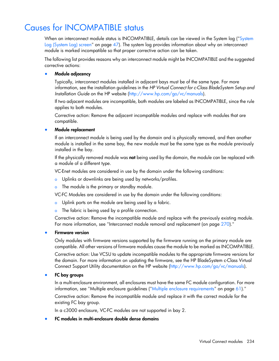 Causes for incompatible status | HP Virtual Connect 8Gb 20-port Fibre Channel Module for c-Class BladeSystem User Manual | Page 234 / 317