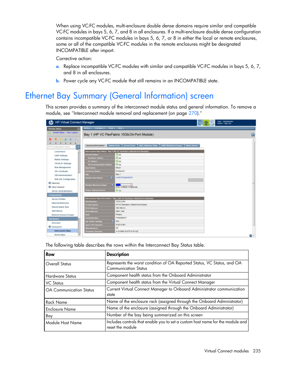 Ethernet bay summary (general information) screen, Ethernet bay summary (general, Information) screen | HP Virtual Connect 8Gb 20-port Fibre Channel Module for c-Class BladeSystem User Manual | Page 235 / 317