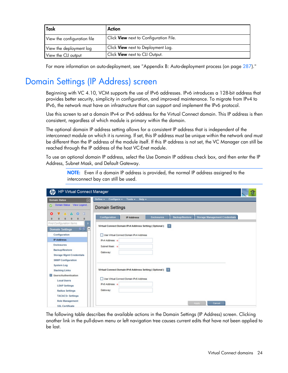 Domain settings (ip address) screen | HP Virtual Connect 8Gb 20-port Fibre Channel Module for c-Class BladeSystem User Manual | Page 24 / 317