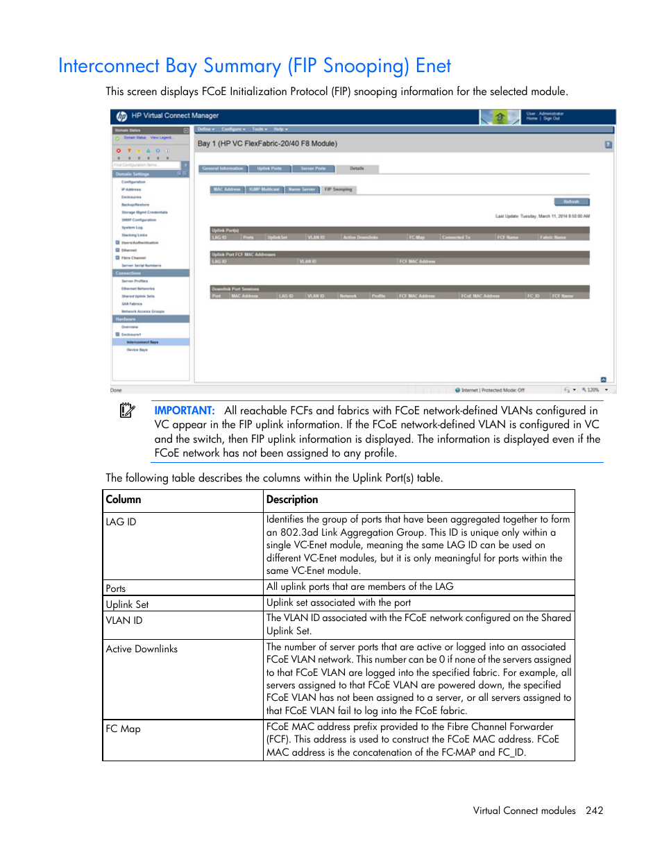 Interconnect bay summary (fip snooping) enet | HP Virtual Connect 8Gb 20-port Fibre Channel Module for c-Class BladeSystem User Manual | Page 242 / 317