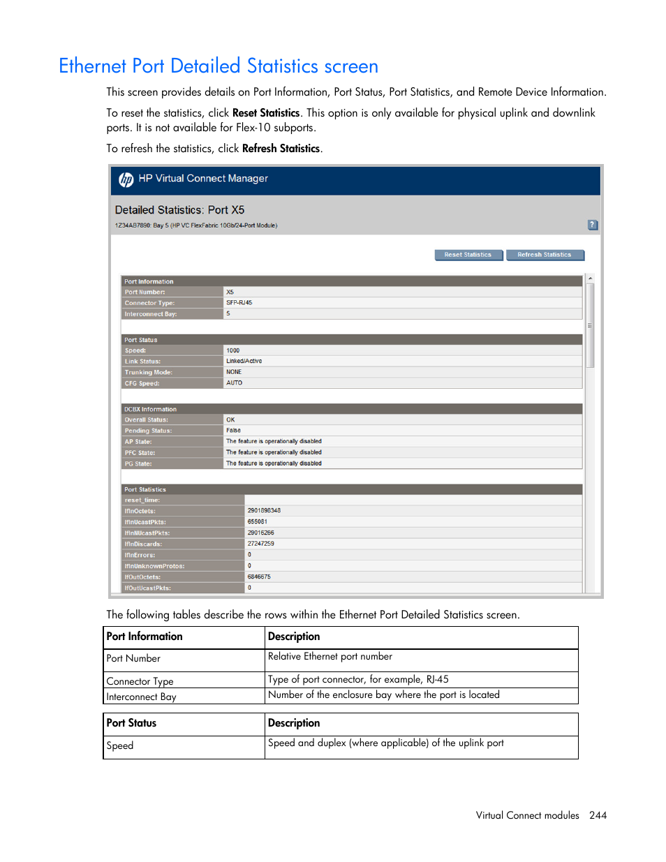 Ethernet port detailed statistics screen, Ethernet, Port detailed statistics screen | Ethernet port, Detailed statistics screen | HP Virtual Connect 8Gb 20-port Fibre Channel Module for c-Class BladeSystem User Manual | Page 244 / 317