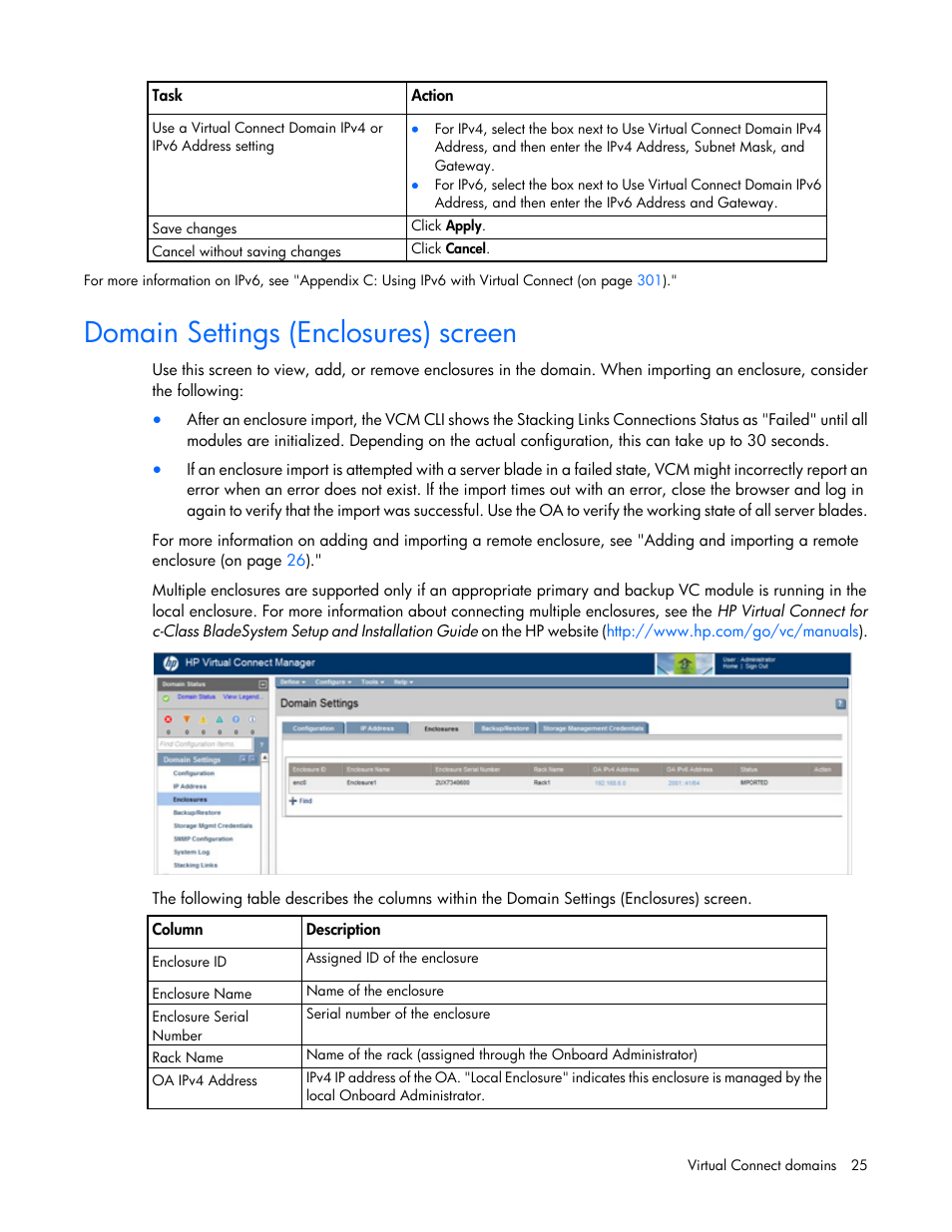 Domain settings (enclosures) screen | HP Virtual Connect 8Gb 20-port Fibre Channel Module for c-Class BladeSystem User Manual | Page 25 / 317