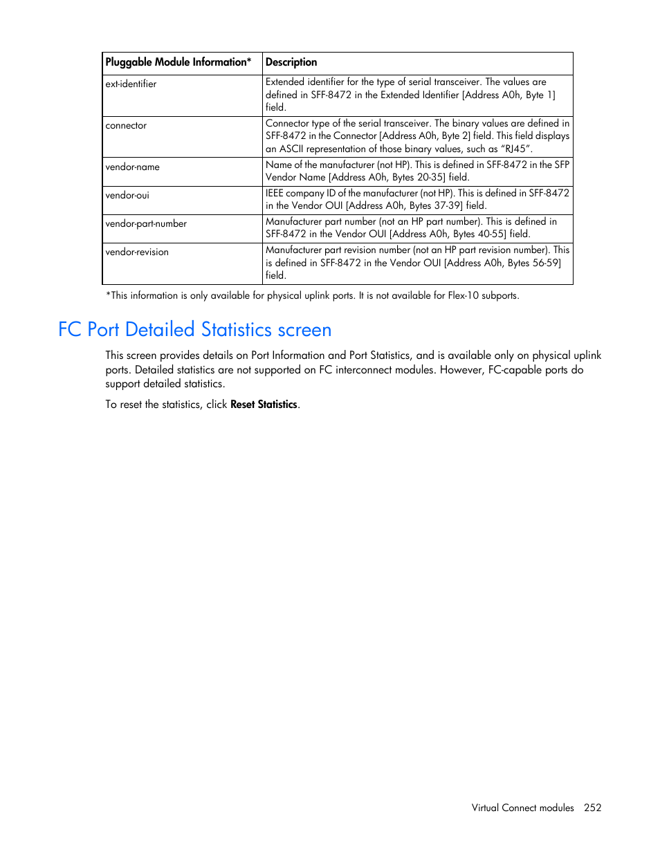 Fc port detailed statistics screen, Fc port, Detailed statistics screen | HP Virtual Connect 8Gb 20-port Fibre Channel Module for c-Class BladeSystem User Manual | Page 252 / 317