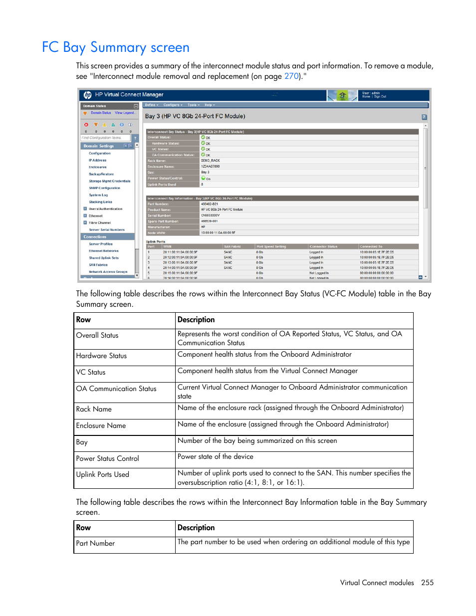 Fc bay summary screen | HP Virtual Connect 8Gb 20-port Fibre Channel Module for c-Class BladeSystem User Manual | Page 255 / 317