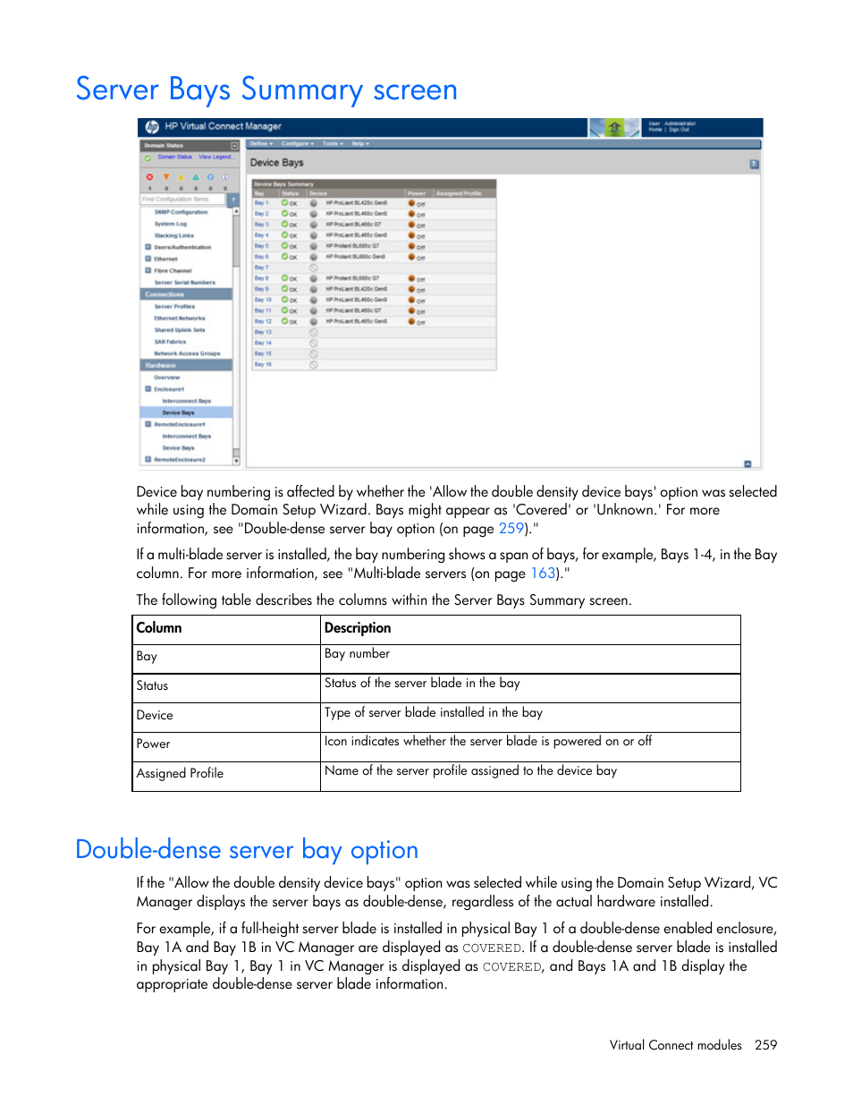 Server bays summary screen, Double-dense server bay option | HP Virtual Connect 8Gb 20-port Fibre Channel Module for c-Class BladeSystem User Manual | Page 259 / 317