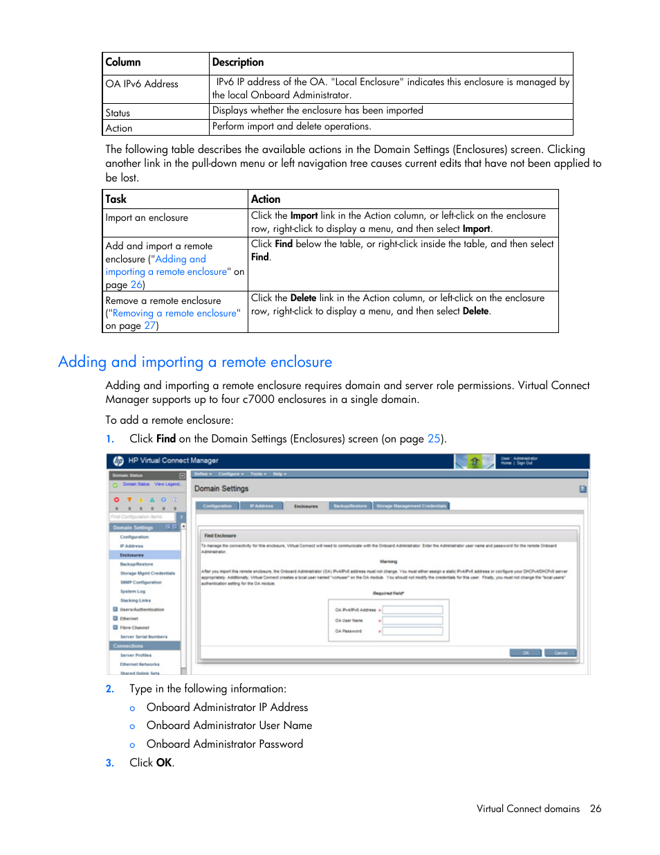 Adding and importing a remote enclosure | HP Virtual Connect 8Gb 20-port Fibre Channel Module for c-Class BladeSystem User Manual | Page 26 / 317