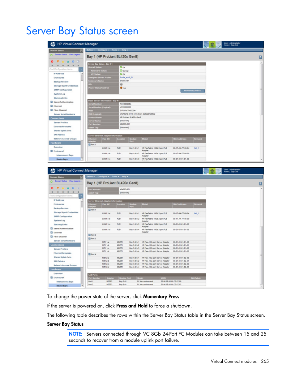 Server bay status screen | HP Virtual Connect 8Gb 20-port Fibre Channel Module for c-Class BladeSystem User Manual | Page 265 / 317