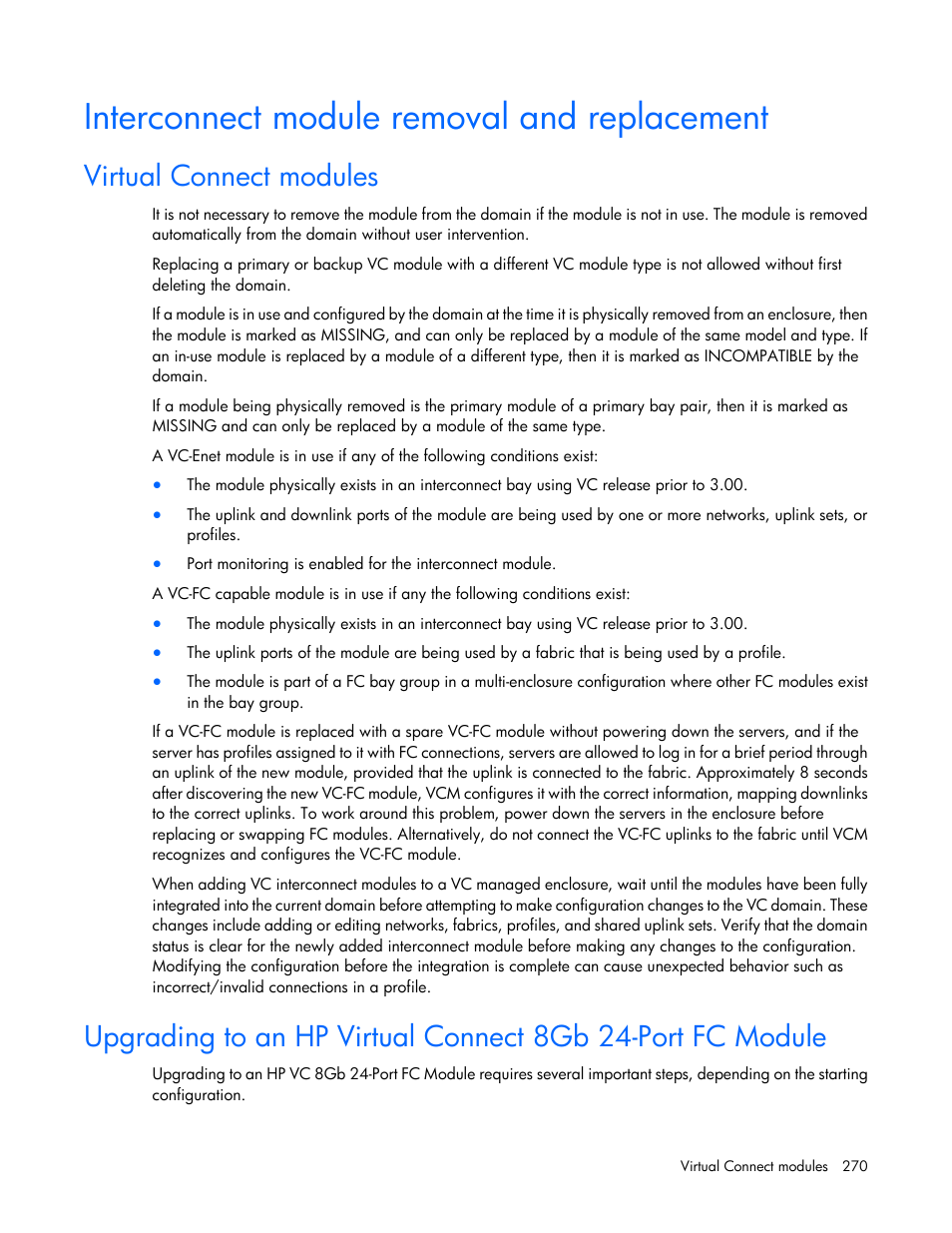 Interconnect module removal and replacement, Virtual connect modules | HP Virtual Connect 8Gb 20-port Fibre Channel Module for c-Class BladeSystem User Manual | Page 270 / 317