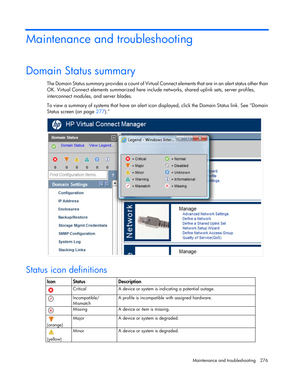 Maintenance and troubleshooting, Domain status summary, Status icon definitions | HP Virtual Connect 8Gb 20-port Fibre Channel Module for c-Class BladeSystem User Manual | Page 276 / 317