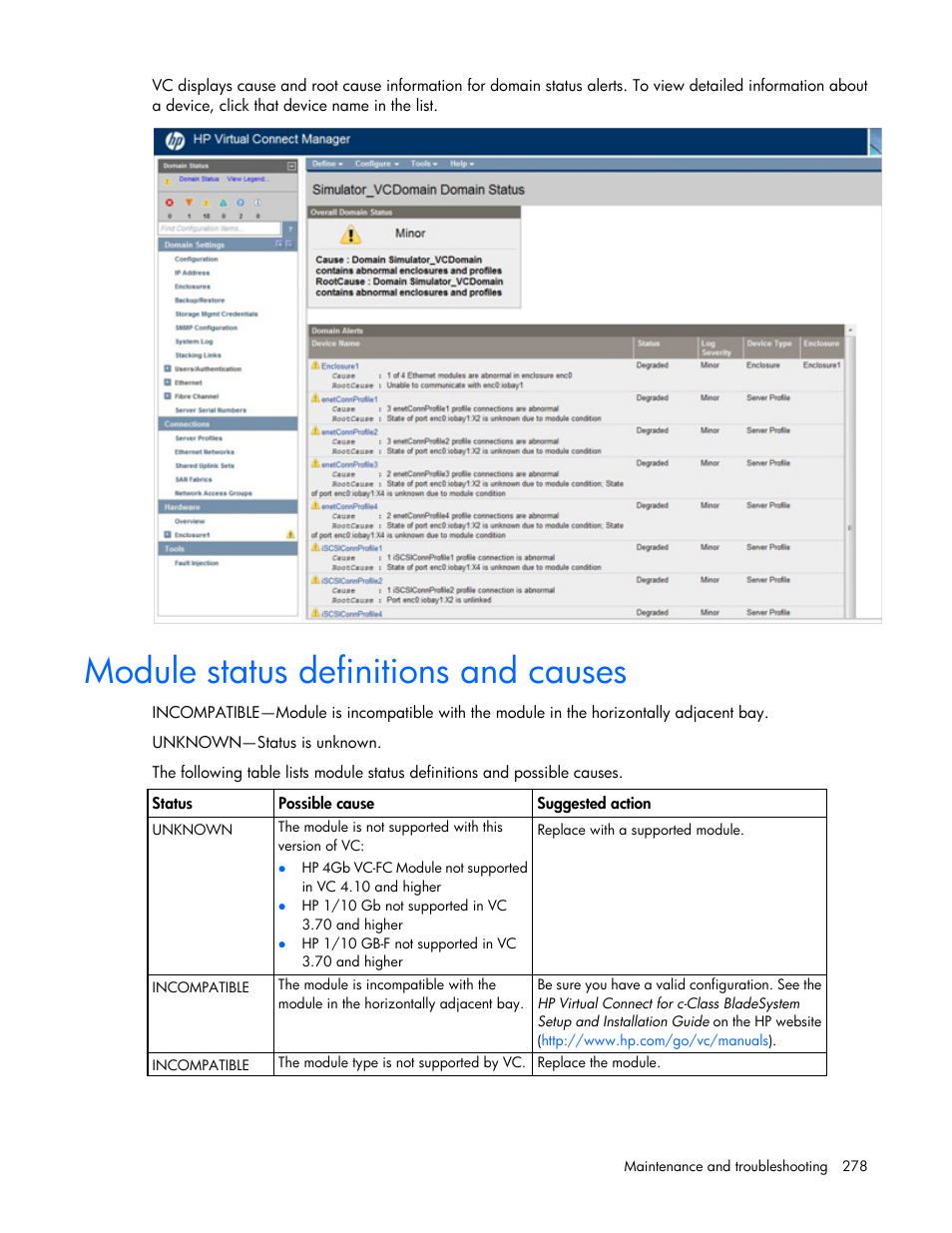 Module status definitions and causes | HP Virtual Connect 8Gb 20-port Fibre Channel Module for c-Class BladeSystem User Manual | Page 278 / 317